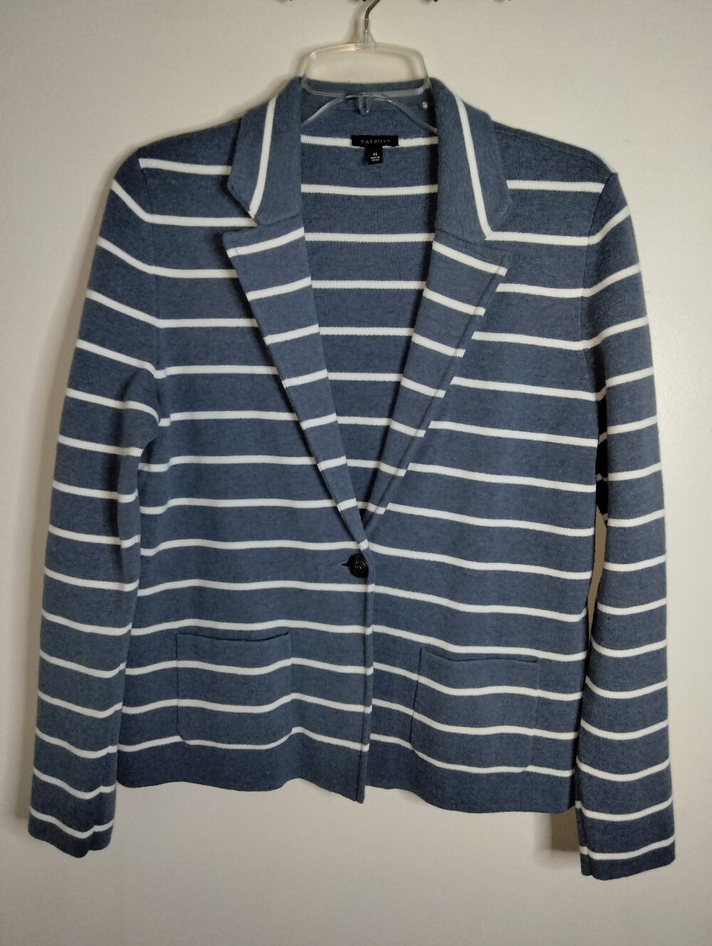Talbots (Size M) Blue & White Striped Stretch Knit Button Front LS Pocket Blazer